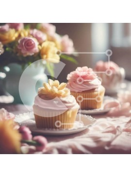 Σετ των 2 Intra Συλλεκτικό Ξύλινο Παζλ Plywood  4mm - Δύο cupcakes με ροζ πάγωμα και λουλούδια σε ένα λευκό πιάτο Σε Ξύλινο Κουτί - Διαστάσεις: 10x10 cm – 25 κομμάτια