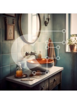 Intra Συλλεκτικό Ξύλινο Παζλ Plywood  4mm - Κομψός νιπτήρας μπάνιου με στρογγυλό πορτοκαλί μπολ και μπλε τοίχους Σε Ξύλινο Κουτί - Διαστάσεις Puzzle: 10x10 cm – 25 κομμάτια