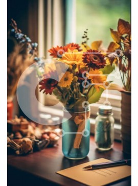 Intra Συλλεκτικό Ξύλινο Παζλ Plywood  4mm - Όμορφη σύνθεση αποξηραμένων λουλουδιών στο γραφείο με θέα στον ορίζοντα της πόλης Σε Ξύλινο Κουτί - Διαστάσεις Puzzle: 10x10 cm – 25 κομμάτια