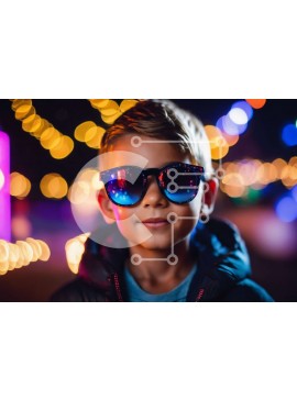 Intra Συλλεκτικό Ξύλινο Παζλ Plywood  4mm - Νεαρό αγόρι που στέκεται μπροστά από τα πολύχρωμα φώτα τη νύχτα Σε Ξύλινο Κουτί - Διαστάσεις Puzzle: 10x10 cm – 25 κομμάτια