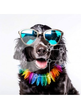 Intra Συλλεκτικό Ξύλινο Παζλ Plywood  4mm - Πολύχρωμα αξεσουάρ για σκύλους: Happy Black Dog με γυαλιά ηλίου και κολάρο ουράνιο τόξο Σε Ξύλινο Κουτί - Διαστάσεις: 10x10 cm – 25 κομμάτια