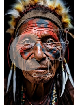 Intra Συλλεκτικό Ξύλινο Παζλ Plywood  4mm - Πορτρέτο ενός ηλικιωμένου ιθαγενούς της Αμερικής με παραδοσιακό ζωγραφισμένο πρόσωπο και φτερωτό κόμμωμα Σε Ξύλινο Κουτί - Διαστάσεις Puzzle: 10x10 cm – 25 κομμάτια