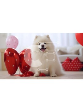 Intra Συλλεκτικό Ξύλινο Παζλ Plywood  4mm - Ευτυχισμένος λευκός σκύλος Pomeranian με κόκκινα μπαλόνια και διακοσμητικά καρδιάς Σε Ξύλινο Κουτί - Διαστάσεις: 10x10 cm – 25 κομμάτια