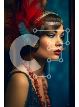 Intra Συλλεκτικό Ξύλινο Παζλ Plywood  4mm - Πορτρέτο μιας γυναίκας με φτερωτή της δεκαετίας του 1920 με κόκκινο και μπλε φτερωτό κεφαλάκι και μαργαριταρένιο κολιέ Σε Ξύλινο Κουτί - Διαστάσεις Puzzle: 10x10 cm – 25 κομμάτια