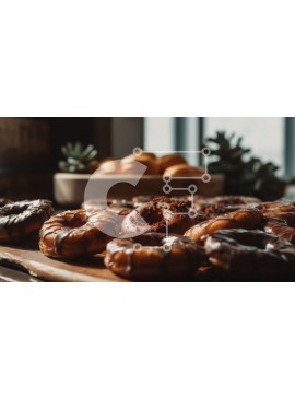 Σετ των 2 Intra Συλλεκτικό Ξύλινο Παζλ Plywood  4mm - Λαχταριστή εικόνα ντόνατς με γλασέ σοκολάτας σε ξύλινο τραπέζι με φυτά στο φόντο Σε Ξύλινο Κουτί - Διαστάσεις: 10x10 cm – 25 κομμάτια