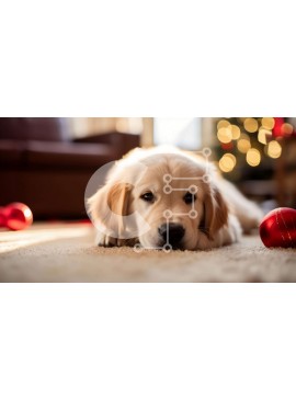 Intra Συλλεκτικό Ξύλινο Παζλ Plywood  4mm - Σκύλος Golden Retriever που ξεκουράζεται με χριστουγεννιάτικα στολίδια Σε Ξύλινο Κουτί - Διαστάσεις: 10x10 cm – 25 κομμάτια