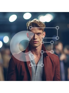 Intra Συλλεκτικό Ξύλινο Παζλ Plywood  4mm - Κομψός άνδρας που ποζάρει στην πασαρέλα με κόκκινο σακάκι και μπλε πουκάμισο Σε Ξύλινο Κουτί - Διαστάσεις Puzzle: 10x10 cm – 25 κομμάτια