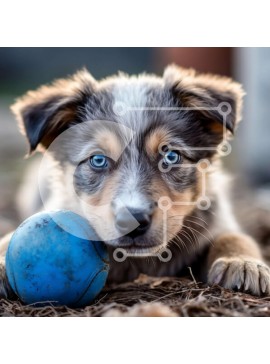 Intra Συλλεκτικό Ξύλινο Παζλ Plywood  4mm - Χαριτωμένη εικόνα ενός κουταβιού με μπλε μάτια με μια μπλε μπάλα Σε Ξύλινο Κουτί - Διαστάσεις: 10x10 cm – 25 κομμάτια