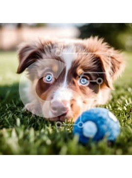 Intra Συλλεκτικό Ξύλινο Παζλ Plywood  4mm - Αξιολάτρευτη εικόνα ενός καφέ και λευκού σκύλου με μπλε μάτια στο γρασίδι Σε Ξύλινο Κουτί - Διαστάσεις: 10x10 cm – 25 κομμάτια