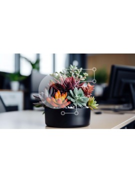 Intra Συλλεκτικό Ξύλινο Παζλ Plywood  4mm - Πολύχρωμα παχύφυτα σε μια μαύρη γλάστρα σε ένα γραφείο Σε Ξύλινο Κουτί - Διαστάσεις Puzzle: 10x10 cm – 25 κομμάτια