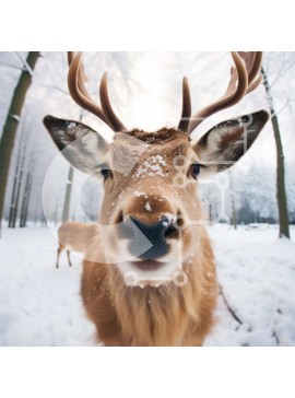 Intra Συλλεκτικό Ξύλινο Παζλ Plywood  4mm - Κοντινό πλάνο του προσώπου ενός ελαφιού με μεγάλα κέρατα σε ένα χιονισμένο δάσος Σε Ξύλινο Κουτί - Διαστάσεις: 10x10 cm – 25 κομμάτια