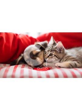 Σετ των 2 Intra Συλλεκτικό Ξύλινο Παζλ Plywood  4mm - Γάτα και σκύλος στριμώχνονται μαζί στο κρεβάτι με μαξιλάρι σε σχήμα καρδιάς Σε Ξύλινο Κουτί - Διαστάσεις: 10x10 cm – 25 κομμάτια