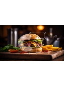 Σετ των 2 Intra Συλλεκτικό Ξύλινο Παζλ Plywood  4mm - Νόστιμο Cheeseburger με φρέσκο ​​μαρούλι, ντομάτα και τραγανές τηγανιτές πατάτες σε ξύλινη σανίδα Σε Ξύλινο Κουτί - Διαστάσεις: 10x10 cm – 25 κομμάτια