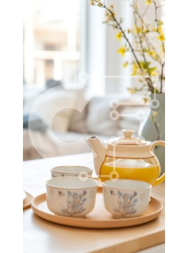 Intra Συλλεκτικό Ξύλινο Παζλ Plywood  4mm - Όμορφη νεκρή φύση από κίτρινα κεραμικά κύπελλα και τσαγιέρα με λουλούδια Σε Ξύλινο Κουτί - Διαστάσεις Puzzle: 10x10 cm – 25 κομμάτια