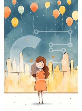 Intra Συλλεκτικό Ξύλινο Παζλ Plywood  4mm - Κορίτσι με πορτοκαλί φόρεμα με μπαλόνια και τον ορίζοντα της πόλης τη νύχτα Σε Ξύλινο Κουτί - Διαστάσεις Puzzle: 10x10 cm – 25 κομμάτια