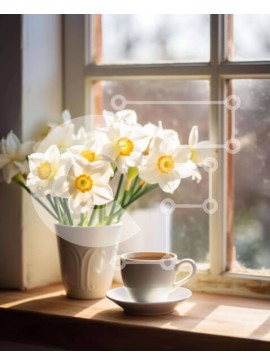 Σετ των 2 Intra Συλλεκτικό Ξύλινο Παζλ Plywood  4mm - Καφές και Νάρκισσοι στο περβάζι του παραθύρου Σε Ξύλινο Κουτί - Διαστάσεις: 10x10 cm – 25 κομμάτια