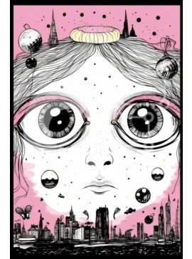 Intra Συλλεκτικό Ξύλινο Παζλ Plywood  4mm - Γυναίκα με μεγάλα μάτια και αγγελικό πρόσωπο που περιβάλλεται από μπαλόνια και αστέρια Σε Ξύλινο Κουτί - Διαστάσεις Puzzle: 10x10 cm – 25 κομμάτια