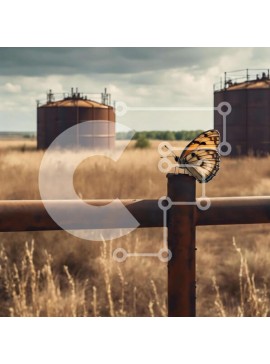 Intra Συλλεκτικό Ξύλινο Παζλ Plywood  4mm - Πεταλούδα που στηρίζεται σε σκουριασμένο φράχτη δεξαμενής πετρελαίου Σε Ξύλινο Κουτί - Διαστάσεις: 10x10 cm – 25 κομμάτια