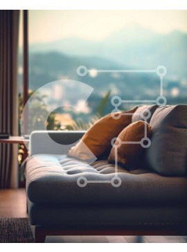 Intra Συλλεκτικό Ξύλινο Παζλ Plywood  4mm - Κομψό σαλόνι με γκρι καναπέ και θέα στο βουνό Σε Ξύλινο Κουτί - Διαστάσεις Puzzle: 10x10 cm – 25 κομμάτια