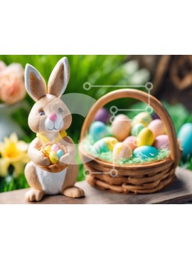 Intra Συλλεκτικό Ξύλινο Παζλ Plywood  4mm - Κεραμικό ειδώλιο πασχαλινό λαγουδάκι με πασχαλινό καλάθι και πολύχρωμα αυγά Σε Ξύλινο Κουτί - Διαστάσεις Puzzle: 10x10 cm – 25 κομμάτια