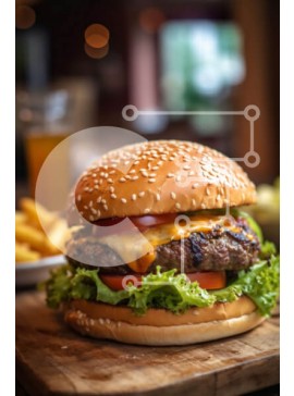 Σετ των 2 Intra Συλλεκτικό Ξύλινο Παζλ Plywood  4mm - Νόστιμο Cheeseburger και πατάτες σε ένα ξύλινο τραπέζι με μπύρα Σε Ξύλινο Κουτί - Διαστάσεις: 10x10 cm – 25 κομμάτια