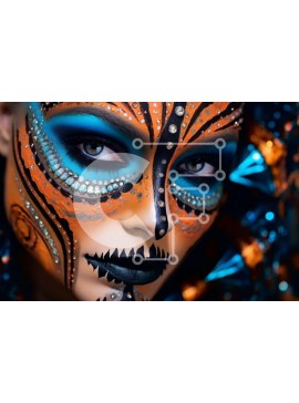Intra Συλλεκτικό Ξύλινο Παζλ Plywood  4mm - Εκπληκτική εικόνα γυναίκας με μπλε και πορτοκαλί κρανίο μακιγιάζ και κοσμήματα Σε Ξύλινο Κουτί - Διαστάσεις Puzzle: 10x10 cm – 25 κομμάτια