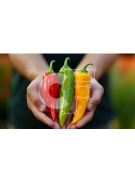 Σετ των 2 Intra Συλλεκτικό Ξύλινο Παζλ Plywood  4mm - Άτομο που κρατά τρεις πιπεριές τσίλι - κόκκινες και κίτρινες Σε Ξύλινο Κουτί - Διαστάσεις: 10x10 cm – 25 κομμάτια