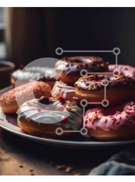 Σετ των 2 Intra Συλλεκτικό Ξύλινο Παζλ Plywood  4mm - Πιάτο με πολύχρωμα γυαλισμένα ντόνατς σε ένα ξύλινο τραπέζι με θέα στον ορίζοντα της πόλης Σε Ξύλινο Κουτί - Διαστάσεις: 10x10 cm – 25 κομμάτια