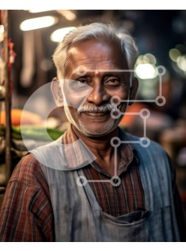 Intra Συλλεκτικό Ξύλινο Παζλ Plywood  4mm - Χαμογελαστός ηλικιωμένος στην ποδιά και το μουστάκι του πάγκου της αγοράς Σε Ξύλινο Κουτί - Διαστάσεις Puzzle: 10x10 cm – 25 κομμάτια