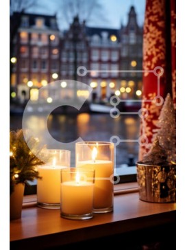 Intra Συλλεκτικό Ξύλινο Παζλ Plywood  4mm - Κεριά στο περβάζι παραθύρου με τον ορίζοντα της πόλης στο φόντο Σε Ξύλινο Κουτί - Διαστάσεις Puzzle: 10x10 cm – 25 κομμάτια