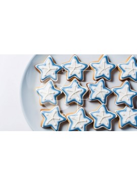 Σετ των 2 Intra Συλλεκτικό Ξύλινο Παζλ Plywood  4mm - Μπισκότα σε σχήμα αστεριού σε ένα πιάτο με μπλε και άσπρο πάγωμα Σε Ξύλινο Κουτί - Διαστάσεις: 10x10 cm – 25 κομμάτια
