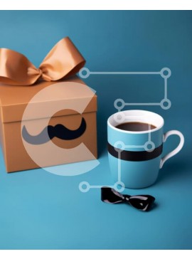 Intra Συλλεκτικό Ξύλινο Παζλ Plywood  4mm - Φλιτζάνι καφέ με μουστάκι και παπιγιόν δίπλα σε κουτί δώρου Σε Ξύλινο Κουτί - Διαστάσεις Puzzle: 10x10 cm – 25 κομμάτια