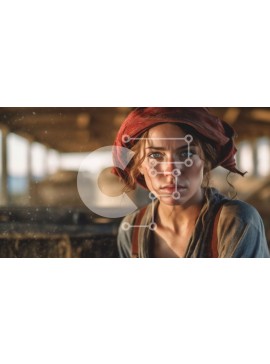 Intra Συλλεκτικό Ξύλινο Παζλ Plywood  4mm - Σοβαρή γυναίκα με κόκκινο κασκόλ και καφέ φόρεμα που στέκεται μπροστά από την αχυρώνα της στέγης Σε Ξύλινο Κουτί - Διαστάσεις Puzzle: 10x10 cm – 25 κομμάτια