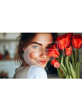 Intra Συλλεκτικό Ξύλινο Παζλ Plywood  4mm - Γυναίκα που κρατά ένα μπουκέτο με κόκκινες τουλίπες Σε Ξύλινο Κουτί - Διαστάσεις Puzzle: 10x10 cm – 25 κομμάτια