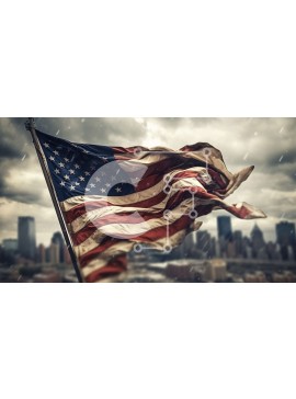 Intra Συλλεκτικό Ξύλινο Παζλ Plywood  4mm - Αμερικανική σημαία και στον ορίζοντα της πόλης | Φωτογραφία Αρχείου Σε Ξύλινο Κουτί - Διαστάσεις Puzzle: 10x10 cm – 25 κομμάτια