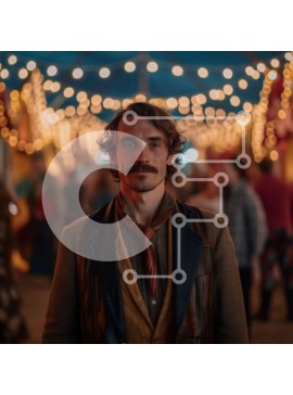 Intra Συλλεκτικό Ξύλινο Παζλ Plywood  4mm - Σοβαρός άνδρας με μουστάκι που στέκεται μπροστά από τη σκηνή με φώτα χορδών Σε Ξύλινο Κουτί - Διαστάσεις Puzzle: 10x10 cm – 25 κομμάτια