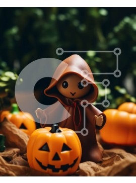 Intra Συλλεκτικό Ξύλινο Παζλ Plywood  4mm - Πορτοκαλί φιγούρα με κουκούλα που κάθεται σε κολοκύθες Σε Ξύλινο Κουτί - Διαστάσεις Puzzle: 10x10 cm – 25 κομμάτια