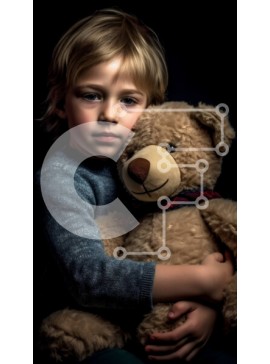 Intra Συλλεκτικό Ξύλινο Παζλ Plywood  4mm - Αγόρι που αγκαλιάζει ένα γεμιστό αρκουδάκι με ένα γκρι πουλόβερ Σε Ξύλινο Κουτί - Διαστάσεις Puzzle: 10x10 cm – 25 κομμάτια