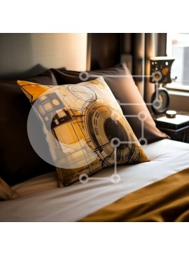Intra Συλλεκτικό Ξύλινο Παζλ Plywood  4mm - Άνετοι εσωτερικοί χώροι: Κίτρινο και μαύρο μαξιλάρι σε κρεβάτι με λάμπα σε κομοδίνο Σε Ξύλινο Κουτί - Διαστάσεις Puzzle: 10x10 cm – 25 κομμάτια