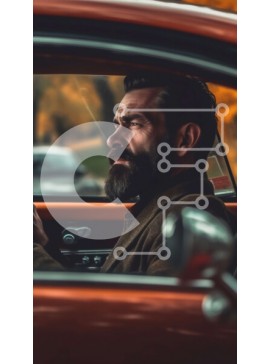 Intra Συλλεκτικό Ξύλινο Παζλ Plywood  4mm - Vintage πορτοκαλί αυτοκίνητο με γενειοφόρο άνδρα που οδηγεί και σοβαρή έκφραση Σε Ξύλινο Κουτί - Διαστάσεις Puzzle: 10x10 cm – 25 κομμάτια