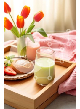 Σετ των 2 Intra Συλλεκτικό Ξύλινο Παζλ Plywood  4mm - Δίσκος πρωινού με φρέσκες τουλίπες, ψωμί και γάλα σε ξύλινο τραπέζι Σε Ξύλινο Κουτί - Διαστάσεις: 10x10 cm – 25 κομμάτια