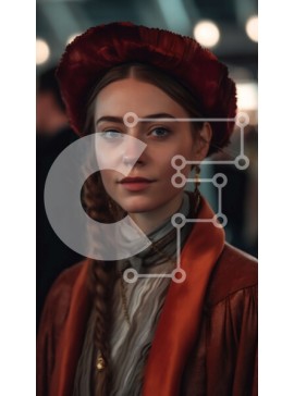 Intra Συλλεκτικό Ξύλινο Παζλ Plywood  4mm - Σοβαρή γυναίκα με κόκκινο καπέλο και καφέ παλτό που στέκεται σε ψηλοτάβανο δωμάτιο με μεγάλα παράθυρα Σε Ξύλινο Κουτί - Διαστάσεις Puzzle: 10x10 cm – 25 κομμάτια