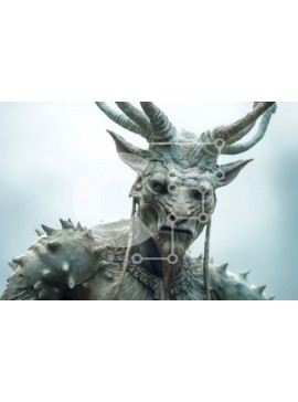 Intra Συλλεκτικό Ξύλινο Παζλ Plywood  4mm - Κοντινό πλάνο του προσώπου ενός δαίμονα με μακριά κέρατα, στέμμα και σκήπτρο Σε Ξύλινο Κουτί - Διαστάσεις Puzzle: 10x10 cm – 25 κομμάτια