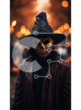 Intra Συλλεκτικό Ξύλινο Παζλ Plywood  4mm - Άτομο με μαύρο δερμάτινο μπουφάν και μάσκα κρανίου που στέκεται μπροστά από φωτισμένα κτίρια τη νύχτα Σε Ξύλινο Κουτί - Διαστάσεις Puzzle: 10x10 cm – 25 κομμάτια