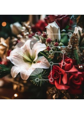 Σετ των 2 Intra Συλλεκτικό Ξύλινο Παζλ Plywood  4mm - Εκπληκτική κοντινή πλάνο από ένα μπουκέτο με τριαντάφυλλα, κρίνους και πρασινάδα σε ένα ξύλινο τραπέζι Σε Ξύλινο Κουτί - Διαστάσεις: 10x10 cm – 25 κομμάτια