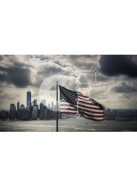 Intra Συλλεκτικό Ξύλινο Παζλ Plywood  4mm - Πατριωτική εικόνα της αμερικανικής σημαίας που κυματίζει στον άνεμο με τον ορίζοντα της πόλης Σε Ξύλινο Κουτί - Διαστάσεις Puzzle: 10x10 cm – 25 κομμάτια