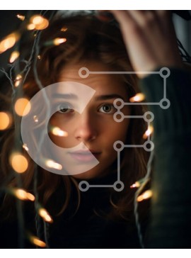 Intra Συλλεκτικό Ξύλινο Παζλ Plywood  4mm - Νεαρή γυναίκα με σγουρά μαλλιά που στέκεται μπροστά από τα φώτα των Χριστουγέννων Σε Ξύλινο Κουτί - Διαστάσεις Puzzle: 10x10 cm – 25 κομμάτια