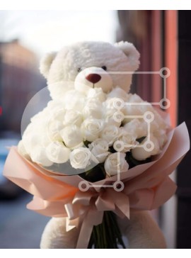 Intra Συλλεκτικό Ξύλινο Παζλ Plywood  4mm - Μεγάλο λευκό αρκουδάκι που κρατά μια διάταξη από λευκά τριαντάφυλλα Σε Ξύλινο Κουτί - Διαστάσεις Puzzle: 10x10 cm – 25 κομμάτια