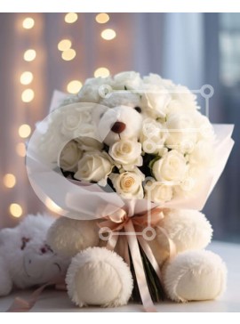 Intra Συλλεκτικό Ξύλινο Παζλ Plywood  4mm - Μπουκέτο λευκά τριαντάφυλλα και αρκουδάκια με φωτάκια Σε Ξύλινο Κουτί - Διαστάσεις Puzzle: 10x10 cm – 25 κομμάτια