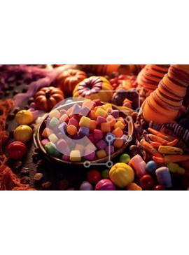 Σετ των 2 Intra Συλλεκτικό Ξύλινο Παζλ Plywood  4mm - Μπολ με πολύχρωμες καραμέλες με κολοκύθες και φθινοπωρινά διακοσμητικά Σε Ξύλινο Κουτί - Διαστάσεις: 10x10 cm – 25 κομμάτια